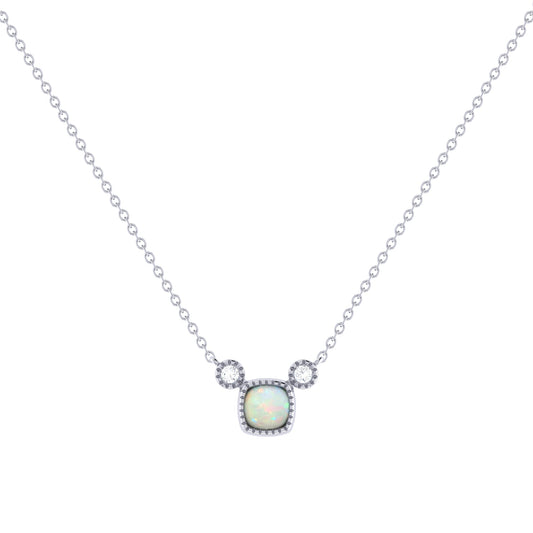 Cushion Cut Opal & Diamond Birthstone Necklace In 14K White Gold by LuvMyJewelry
