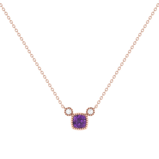 Cushion Cut Amethyst & Diamond Birthstone Necklace In 14K Rose Gold by LuvMyJewelry