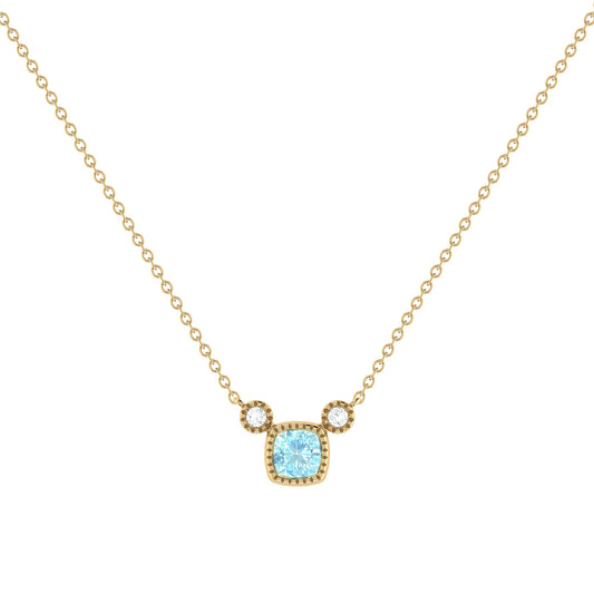 Cushion Cut Aquamarine & Diamond Birthstone Necklace In 14K Yellow Gold by LuvMyJewelry