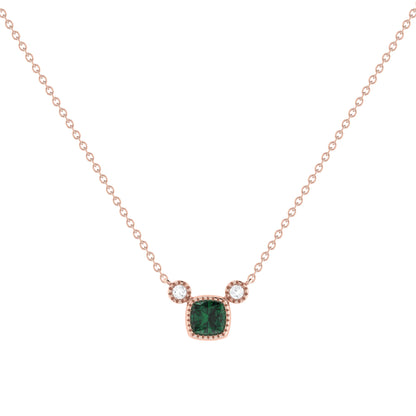 Cushion Cut Emerald & Diamond Birthstone Necklace In 14K Rose Gold by LuvMyJewelry