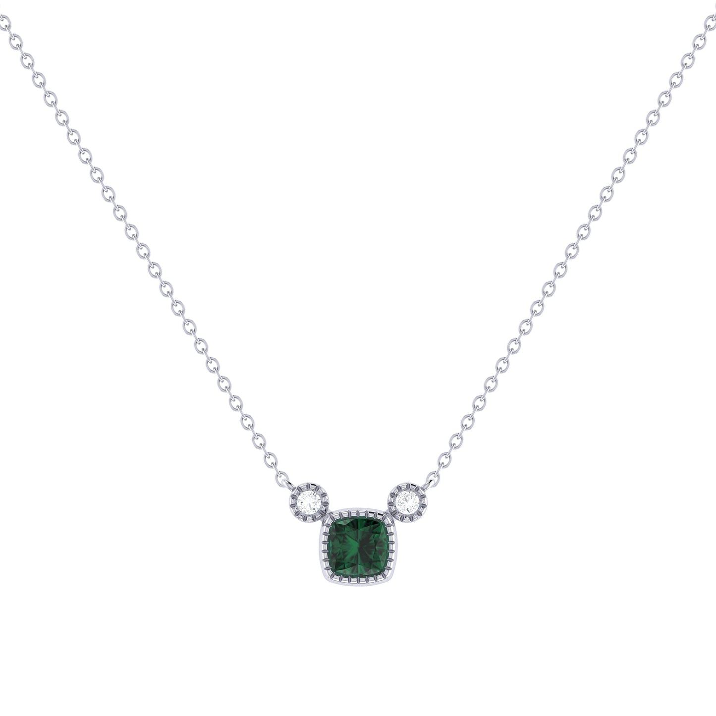 Cushion Cut Emerald & Diamond Birthstone Necklace In 14K White Gold by LuvMyJewelry