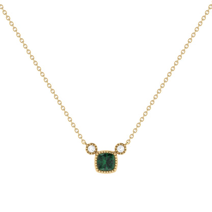 Cushion Cut Emerald & Diamond Birthstone Necklace In 14K Yellow Gold by LuvMyJewelry