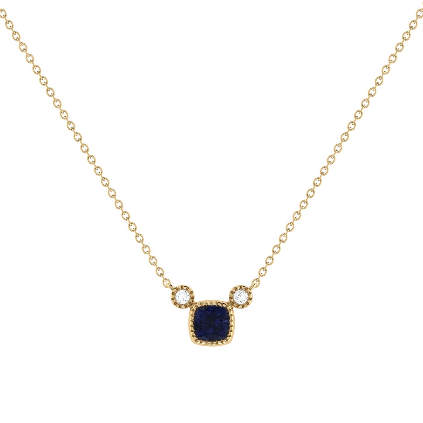 Cushion Cut Sapphire & Diamond Birthstone Necklace In 14K Yellow Gold by LuvMyJewelry
