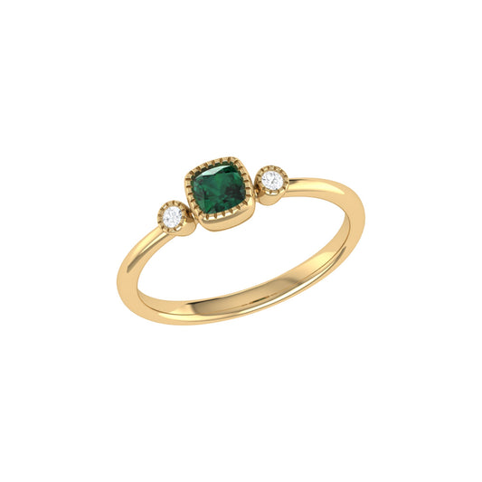 Cushion Cut Emerald & Diamond Birthstone Ring In 14K Yellow Gold by LuvMyJewelry