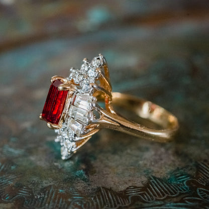 Vintage Jewelry Ruby or Clear Cubic Zirconia Cocktail Ring 18k Yellow Gold Electroplated  Made in the USA by PVD Vintage Jewelry