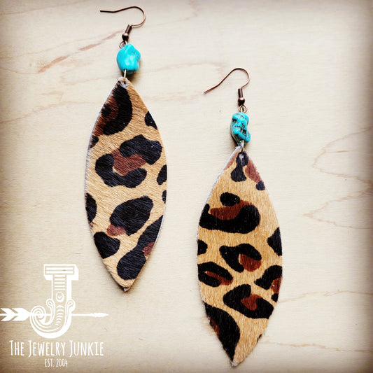 Leather Oval Earrings in Leopard w/ Turquoise Accent 206u by The Jewelry Junkie