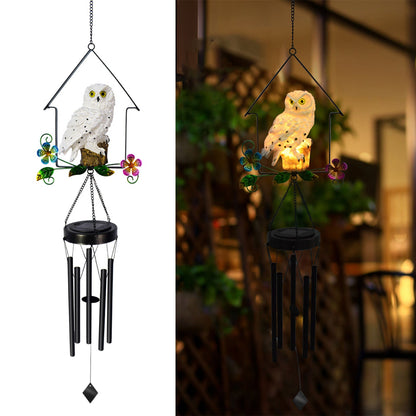 Solar Owl Wind Chime Light Outdoor LED Bird Sculpture Hanging Lamp