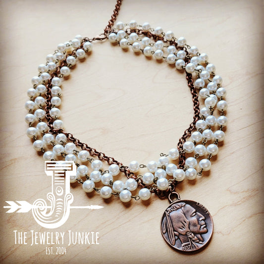 Pearl and Copper Collar-Length Necklace with Indian Coin 255w by The Jewelry Junkie