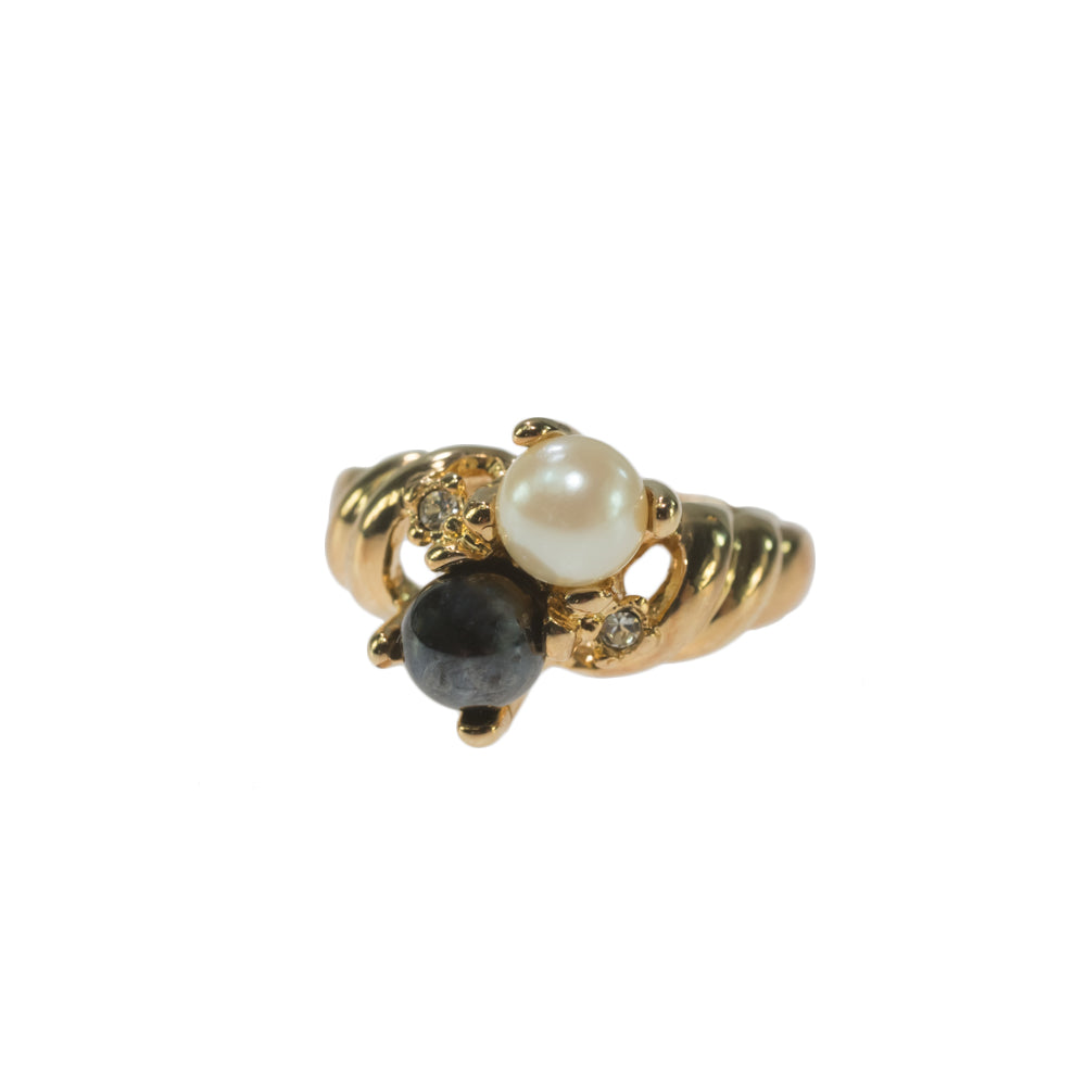 Vintage Ring Black and White Pearl with Crystal Ring 18k Gold Antique Womans Jewlery Handmade Size Rings R3326 by PVD Vintage Jewelry
