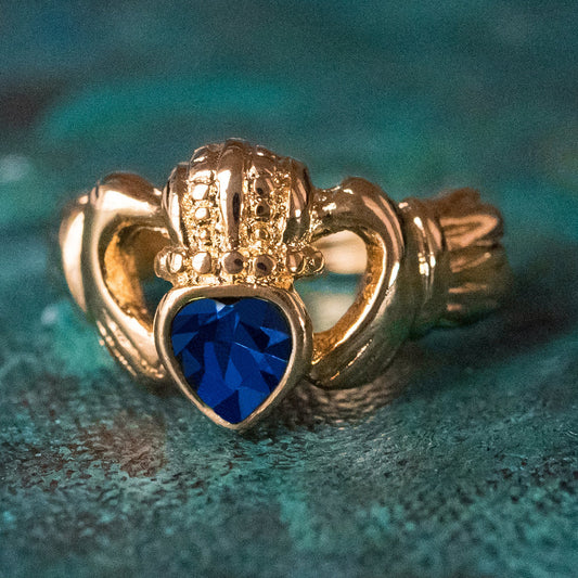 Vintage Jewelry Sapphire Austrian Crystal Claddagh Ring 18k Yellow Gold Electroplated by PVD Vintage Jewelry