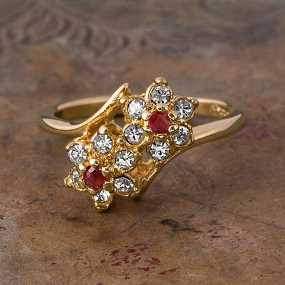 Women's Vintage 1970s Star Flower Cluster Ring set with Genuine Ruby or Austrian Crystals Made in USA by PVD Vintage Jewelry