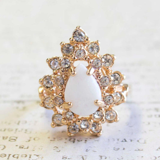 Vintage Ring Victorian Style Genuine Opal Clear Swarovski Crystals 18k Gold Womens Ornate Antique Jewelry #R767 by PVD Vintage Jewelry