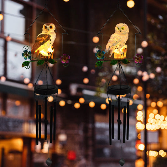 Lámpara colgante de escultura de pájaro LED para exteriores con luz solar de carillón de viento de búho
