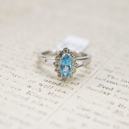 Vintage Ring Aquamarine and Clear Austrian Crystals 18kt White Gold Electroplated Made in USA by PVD Vintage Jewelry