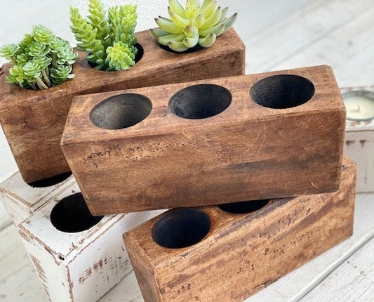 Wooden planter boxes with three circular openings, some holding small green succulents, arranged on a light wooden surface.