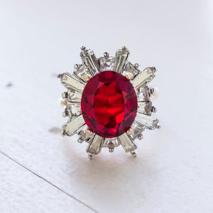 Vintage Ruby and Baguette Austrian Crystal 18k Yellow Gold Electroplated Cocktail Ring Made in USA by PVD Vintage Jewelry