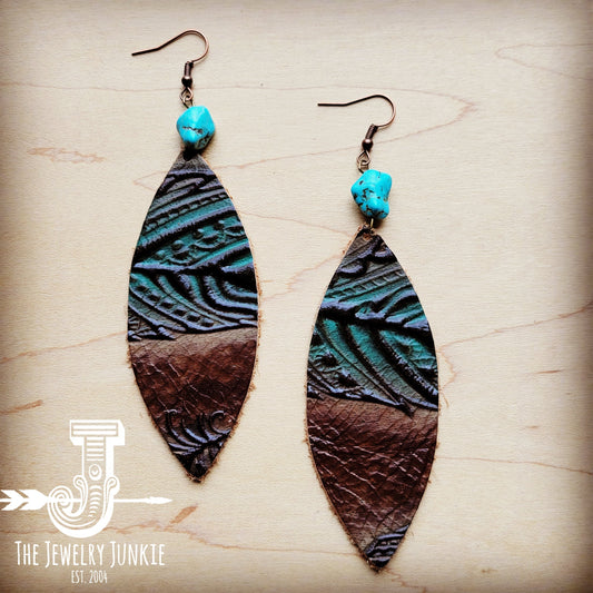 **Leather Oval Earrings in Turquoise Feather w/ Turquoise Accent 206w by The Jewelry Junkie