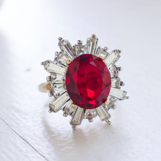 Vintage Ruby and Baguette Austrian Crystal 18k Yellow Gold Electroplated Cocktail Ring Made in USA by PVD Vintage Jewelry