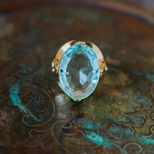 Vintage Cocktail Ring Aquamarine Oval Cut Austrian Crystal 18k Yellow Gold Electroplated by PVD Vintage Jewelry
