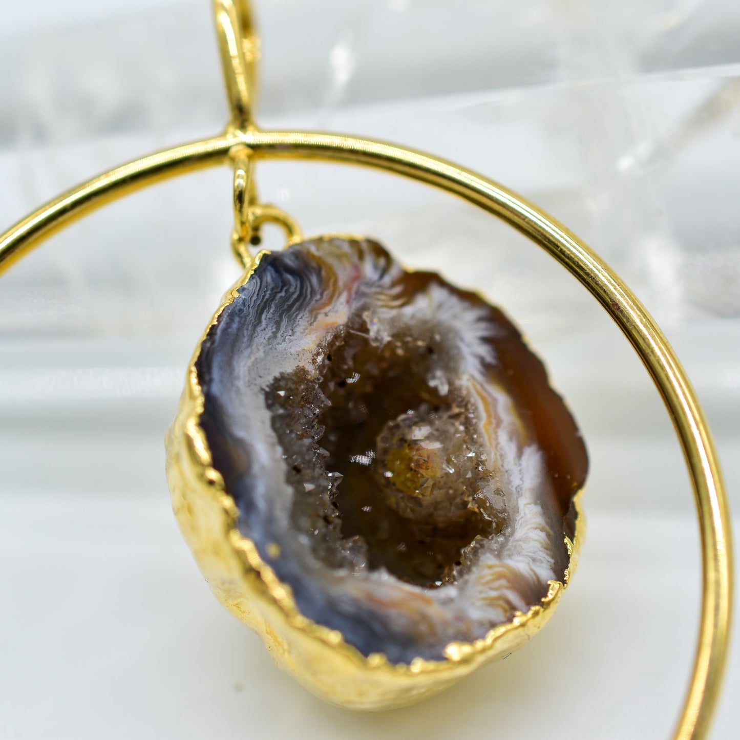 Plated Agate Geodes in Circle Pendant or Necklace by Whyte Quartz
