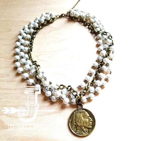 Pearl and Antique Gold Collar-Length Necklace with Indian Coin 245e by The Jewelry Junkie