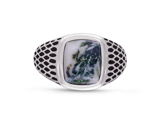 Tree Agate Stone Signet Ring in Black Rhodium Plated Sterling Silver by LuvMyJewelry