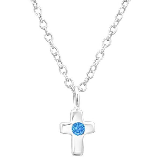Children's Sterling Silver 'March Birthstone' Cross Necklace by Liberty Charms USA