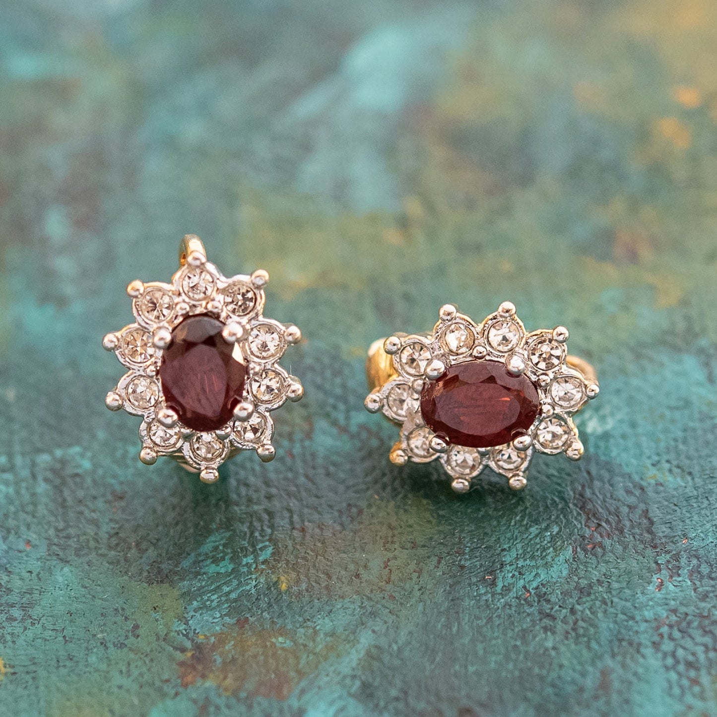 Vintage Genuine Garnet or Light Topaz Crystal Surrounded by Austrian Crystal Earrings 18k Yellow Gold Electroplated by PVD Vintage Jewelry