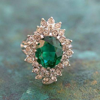 Vintage Emerald and Clear Austrian Crystal Cocktail Ring 18k Yellow Gold Electroplated May Birthstone by PVD Vintage Jewelry