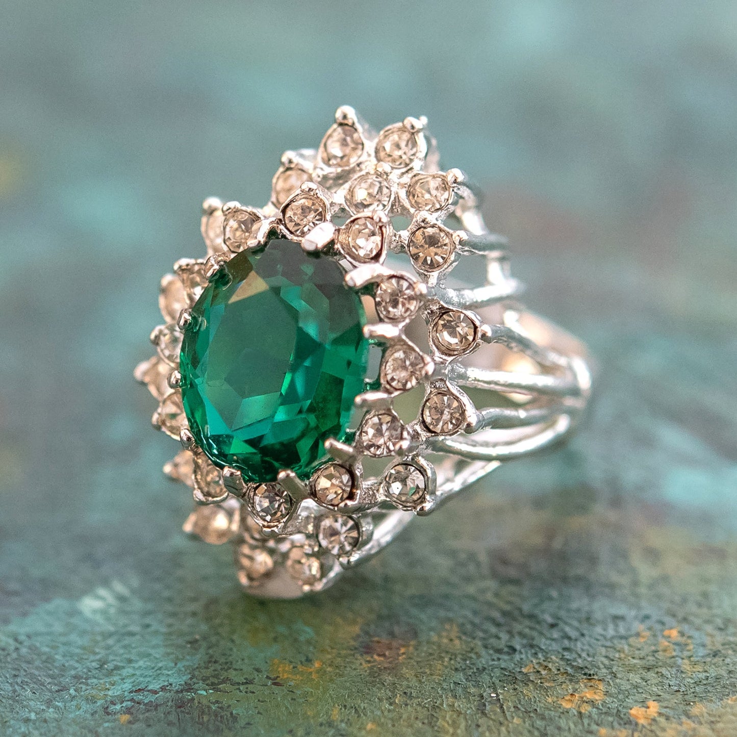 Vintage Emerald and Clear Austrian Crystal Cocktail Ring 18k Yellow Gold Electroplated May Birthstone by PVD Vintage Jewelry