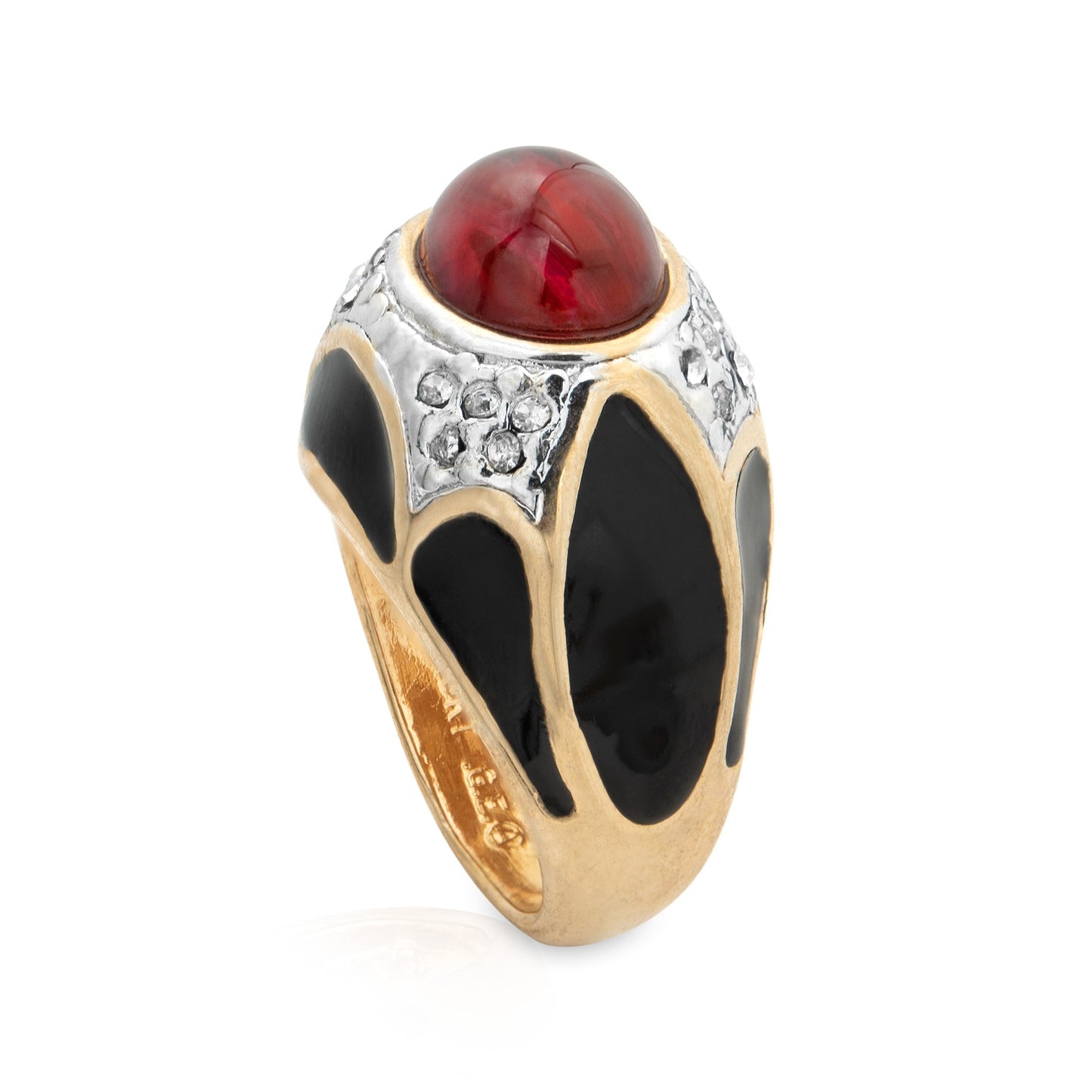 Vintage Ring 1980s Black Enamel Ring with Ruby Cabochon Stone Surrounded by Clear Crystals (6) by PVD Vintage Jewelry