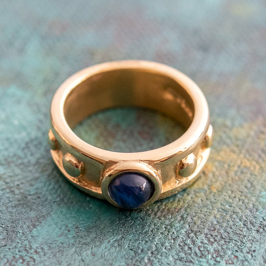 Vintage Ring 1970s Sapphire Cabocon Glass Ring 18k Brushed Gold September Birthstone #R3095 by PVD Vintage Jewelry