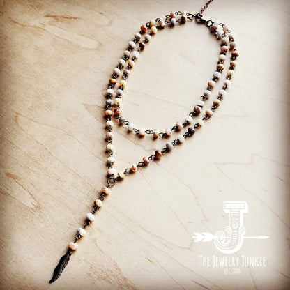 Double Strand Lariat Natural Agate Necklace w/ Copper Feather 251f by The Jewelry Junkie