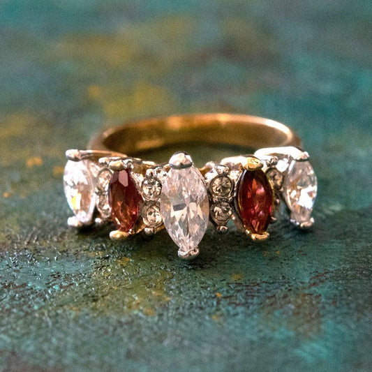 Vintage Genuine Garnet and Clear Cubic Zirconia Cocktail Ring 18k Yellow Gold Electroplated by PVD Vintage Jewelry