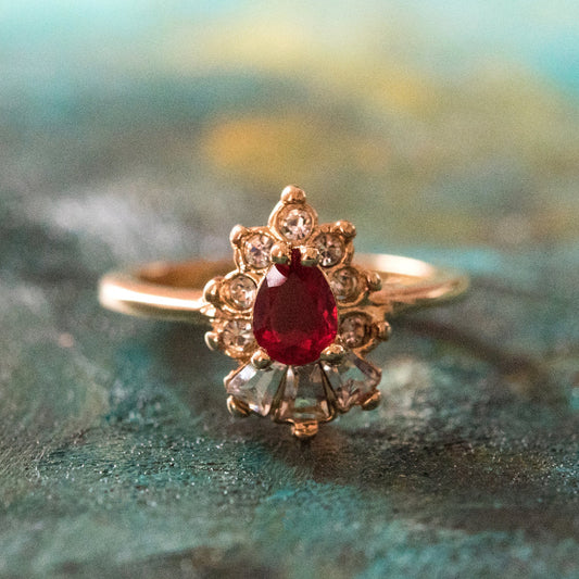 Vintage 1990's Ring Ruby and Clear Austrian Crystals 18k Yellow Gold Plated by PVD Vintage Jewelry