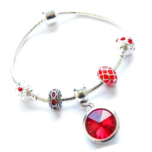Children's 'July Birthstone' Ruby Colored Crystal Silver Plated Charm Bead Bracelet by Liberty Charms USA