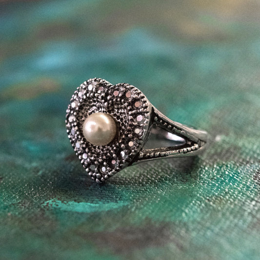 Vintage Ring Pearl and Swarovski Crystal Heart Ring Antique 18k White Gold Silver Womans Jewelry R1757 by PVD Vintage Jewelry