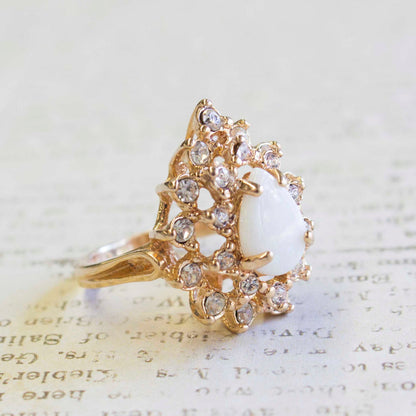 Vintage Ring Victorian Style Genuine Opal Clear Swarovski Crystals 18k Gold Womens Ornate Antique Jewelry #R767 by PVD Vintage Jewelry