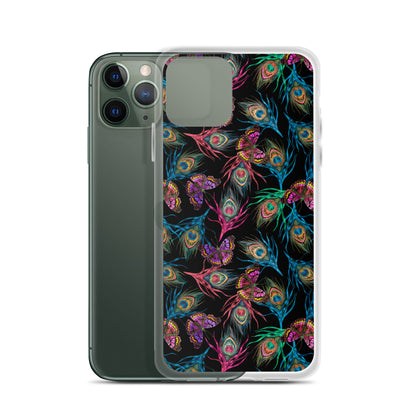 Funda transparente con plumas de pavo real y mariposas para iPhone®