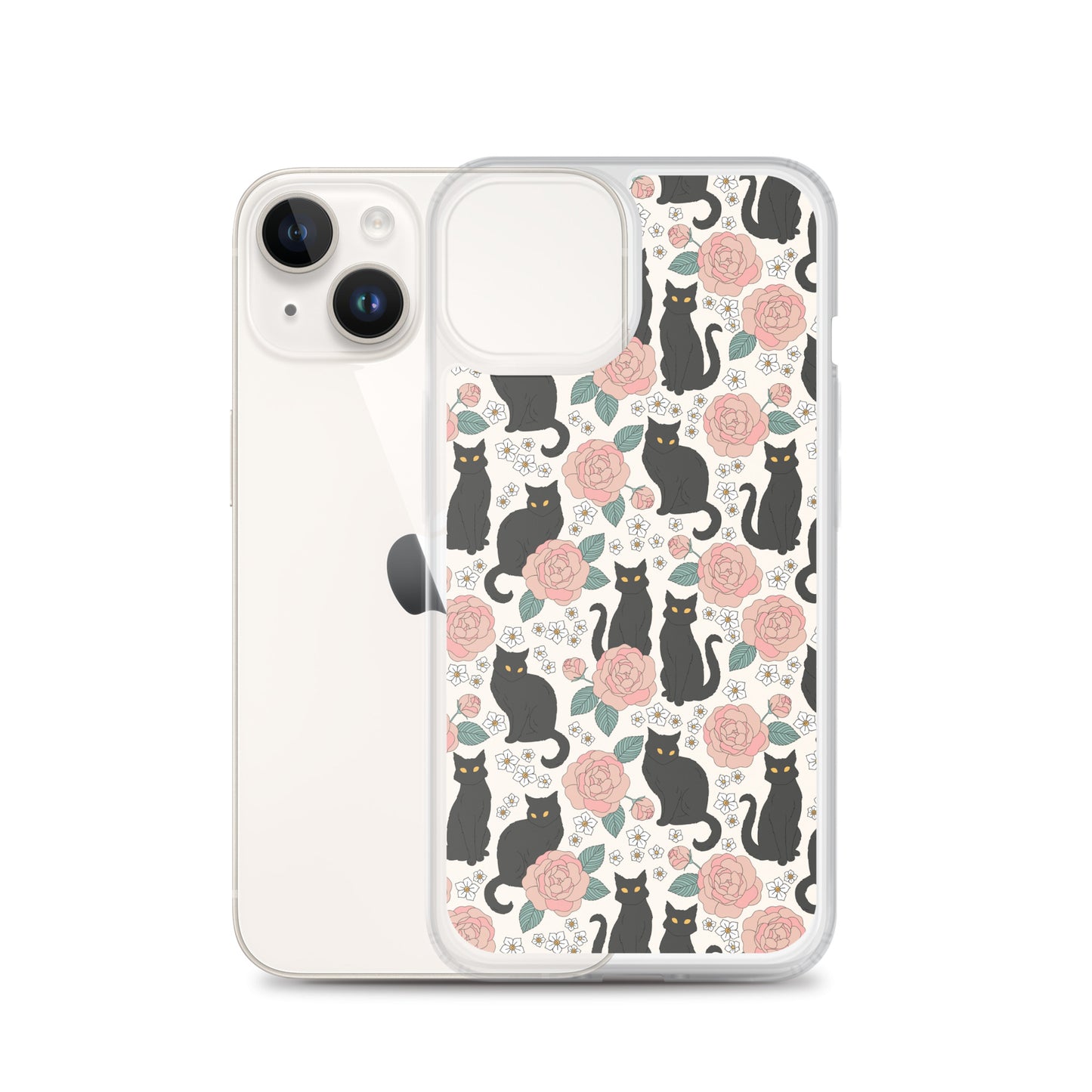 Funda transparente con diseño de gato negro y rosas para iPhone®