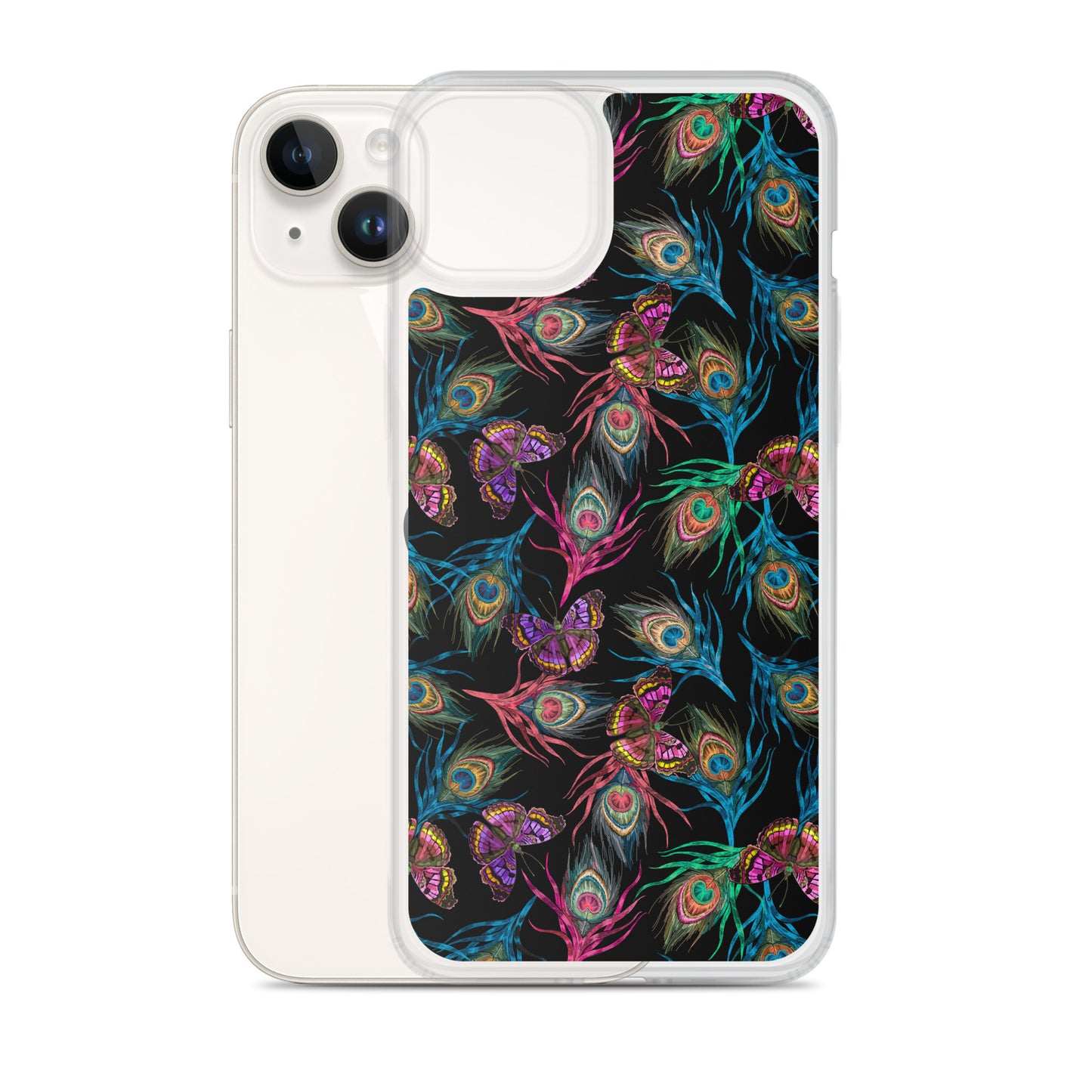 Funda transparente con plumas de pavo real y mariposas para iPhone®