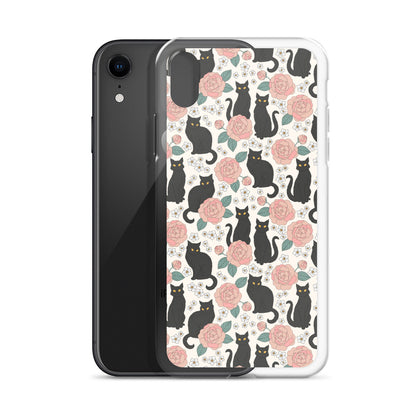 Funda transparente con diseño de gato negro y rosas para iPhone®