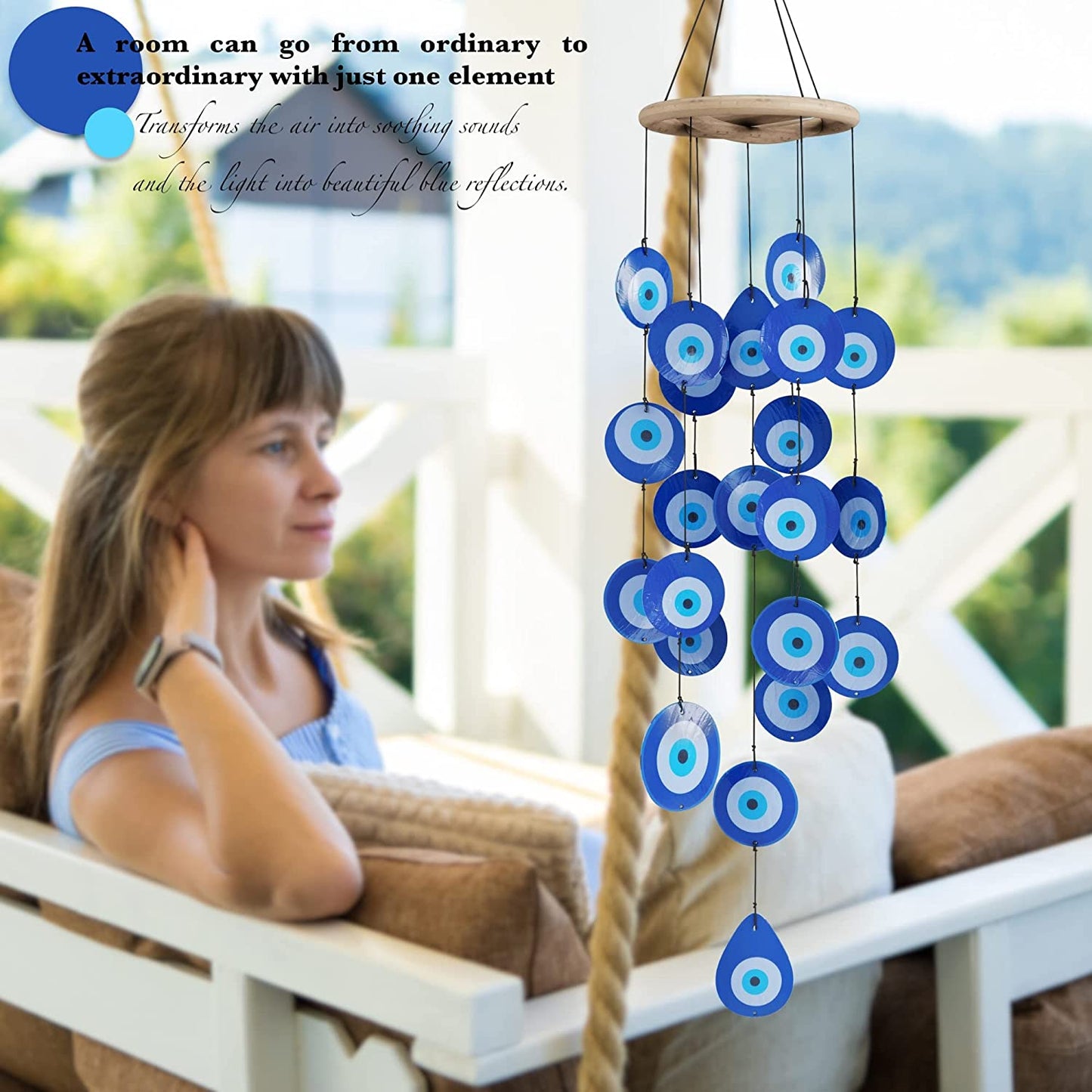 Capiz Wind Chime Blue Evil Eye Shell Hanging Decoration Relaxing