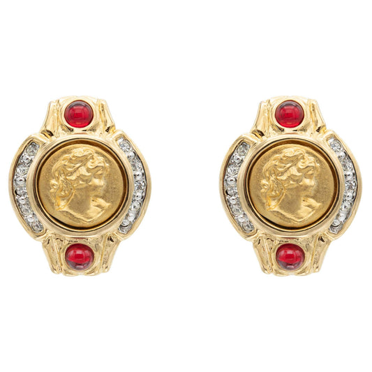 Anastasia Vintage Antique Gold Earrings Coin with Ruby and Clear Crystals E4089-CY by PVD Vintage Jewelry