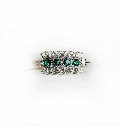 Vintage Ring Emerald and Clear Austrian Crystals 18k White Gold Electroplated Cluster Made in USA by PVD Vintage Jewelry