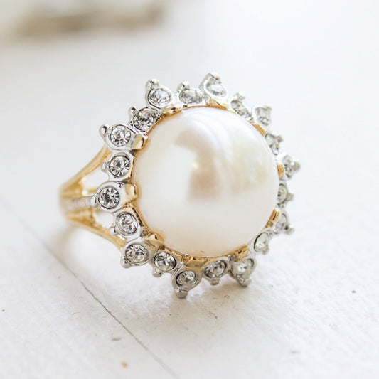 Vintage Ring 1970s Pearl Bead and Swarovski Crystal Ring 18k Gold  #R1782 by PVD Vintage Jewelry