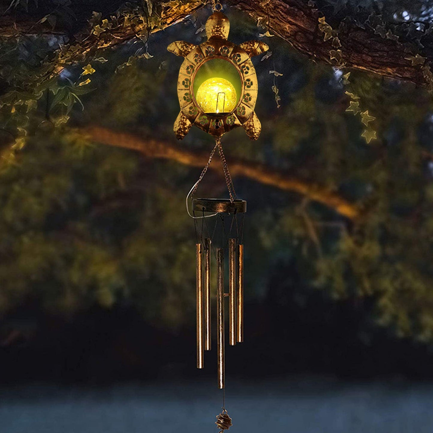 Luz solar de carillón de viento de tortuga con bola de cristal craquelada para decoración al aire libre