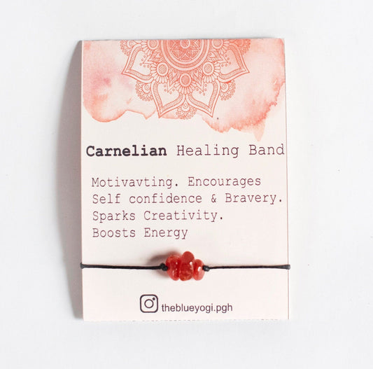 Carnelian healing band with red beads, described as motivating, boosting confidence, creativity, and energy, by theblueyogi.pgh.