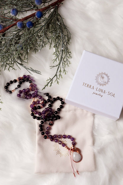 Priestess | amethyst and black tourmaline mala necklace by Terra Luna Sol