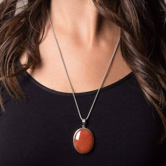Carnelian Oval Pendant Necklace -24 inch Silver Chain by Tiny Rituals